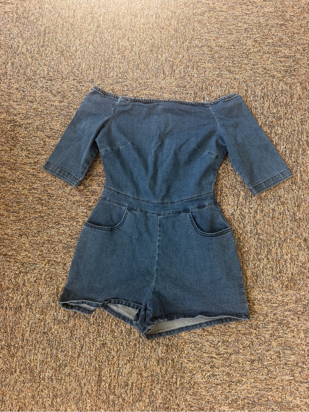 Boohoo Blue Denim Off the Shoulder Jean Romper Size 6
